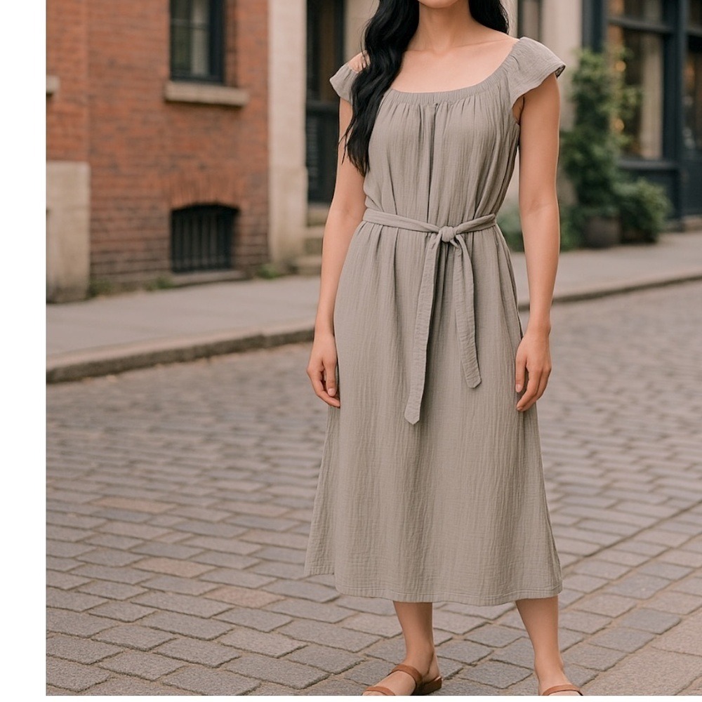 Grade & Gather | Gauze Midi Dress Small Gray Ruffle Sleeve Belted Pockets